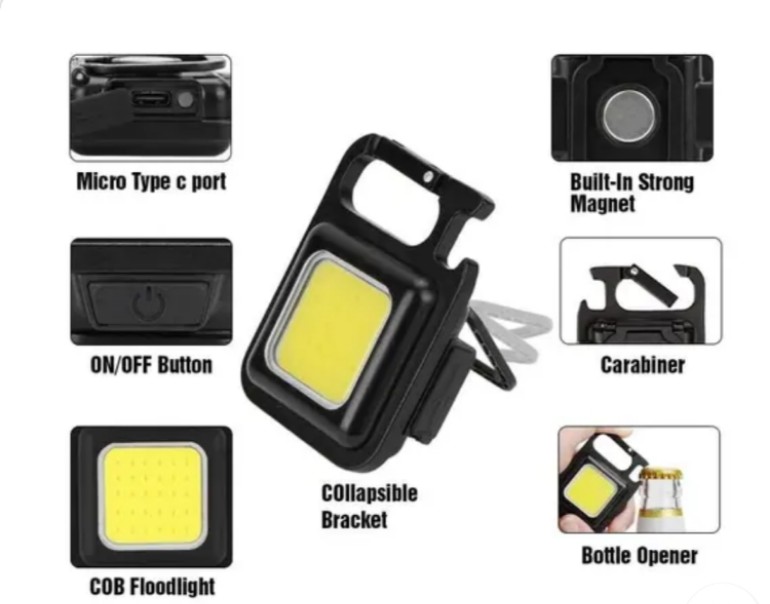 Rechargeable Mini COB LED  Work Light with Magnet & Hook  Wishlist  Share  | Portable Keychain Flashlight for Camping, Emergency, Car Repair & Outdoor Use