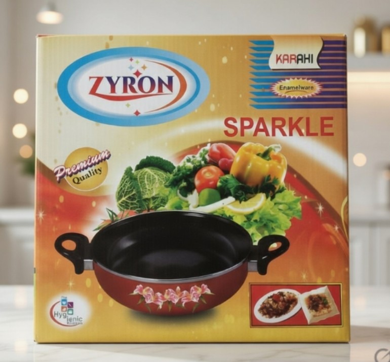 Zyron Sparkle Enamelware Karahi Kadai – Premium Enamel Coating, Flower Design, Leak-Proof Handles