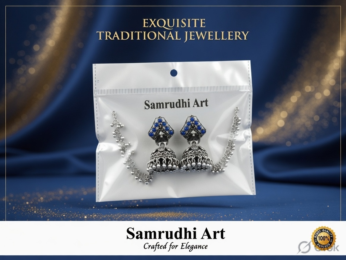 Samrudhi Art Oxidized Silver Jhumka Earrings – Blue Stone Traditional Chandbali with Pearls & Bells for Women