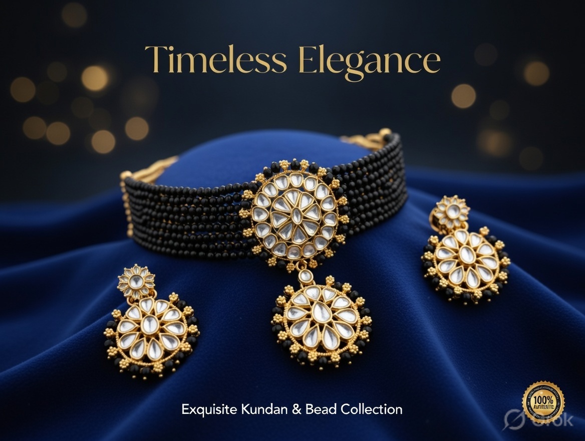 Traditional Black Bead Choker Set – Gold Kundan Polki Pendant, Dangle Earrings, Festive & Bridal Jewellery